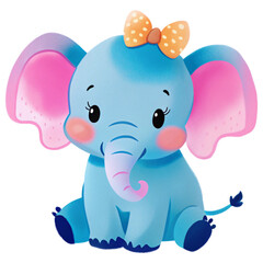 Fototapeta premium Cute cartoon elephant with a bow, featuring vibrant colors and a playful expression, set against a black background.