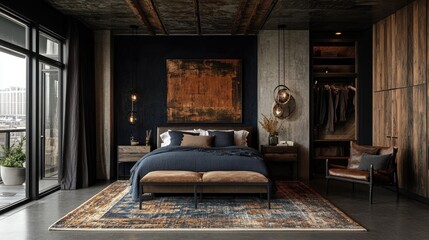 Industrial bedroom design capturing a masculine vibe with worn metal, navy blue accents, and minimalist decor for an ultra-stylish modern living space