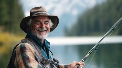 An older man with a hat smiles while holding a fishing rod