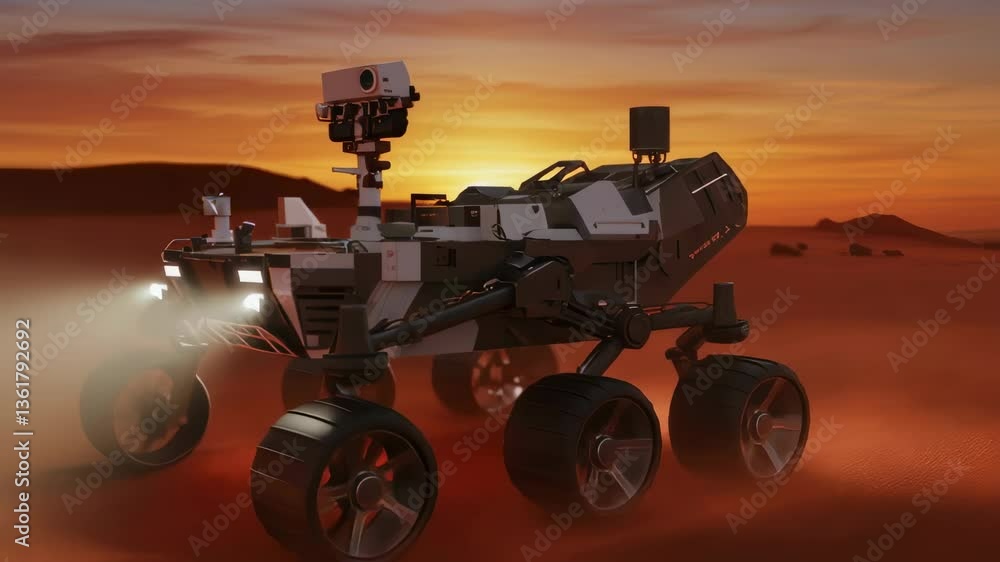 Poster mars rover exploring red planet at sunset. space vehicle on alien terrain. future interplanetary mis