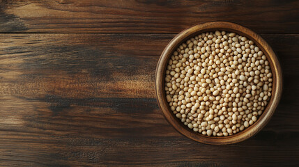 Bowl of white beans on a wooden table with copy space, top view. White beans are a low-calorie, nutritious food that can be beneficial for health and weight loss.