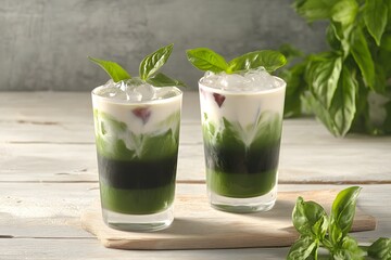 Refreshing Iced Matcha Latte with Basil Garnish Two Glasses