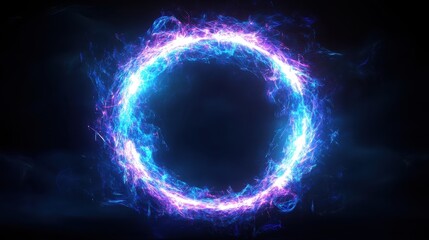 Obraz premium Radiating energy ring encircled by luminous spikes and flares, pulsating with vibrant blue and violet hues in an electrifying display of light and motion