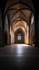 Fototapeta premium Grand hall featuring arches and stained glass window in neutral tones.