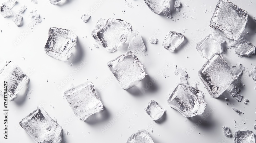 Poster tilt-shift photography capturing scattered crushed ice cubes on a white background, offering a fresh