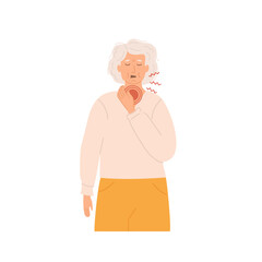 Elderly woman experiencing throat pain and touching her neck with a pained expression. Senior lady is unwell with a sore throat and cold. Flat Style Vector Illustration isolated on white background.