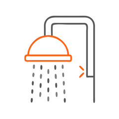 Fototapeta premium A modern showerhead spraying water, minimalist design, sleek lines and orange accents, representing cleanliness and relaxation in a contemporary bathroom atmosphere.