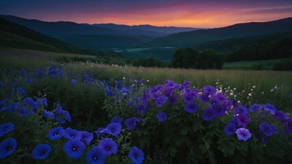Fototapeta premium A serene landscape featuring vibrant purple flowers against a backdrop of rolling mountains at sunset.