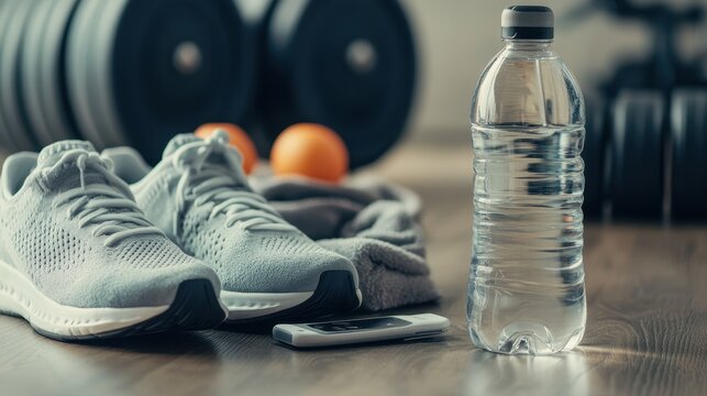 Elevate your fitness journey with essential gear neatly arranged on a gym floor, featuring stylish sneakers, a refreshing water bottle, and a towel for optimum comfort - Powered by Adobe