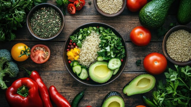 Colorful array of wholesome food ingredients showcases the beauty of healthy living with fresh vegetables and wholesome grains on a rustic wooden surface