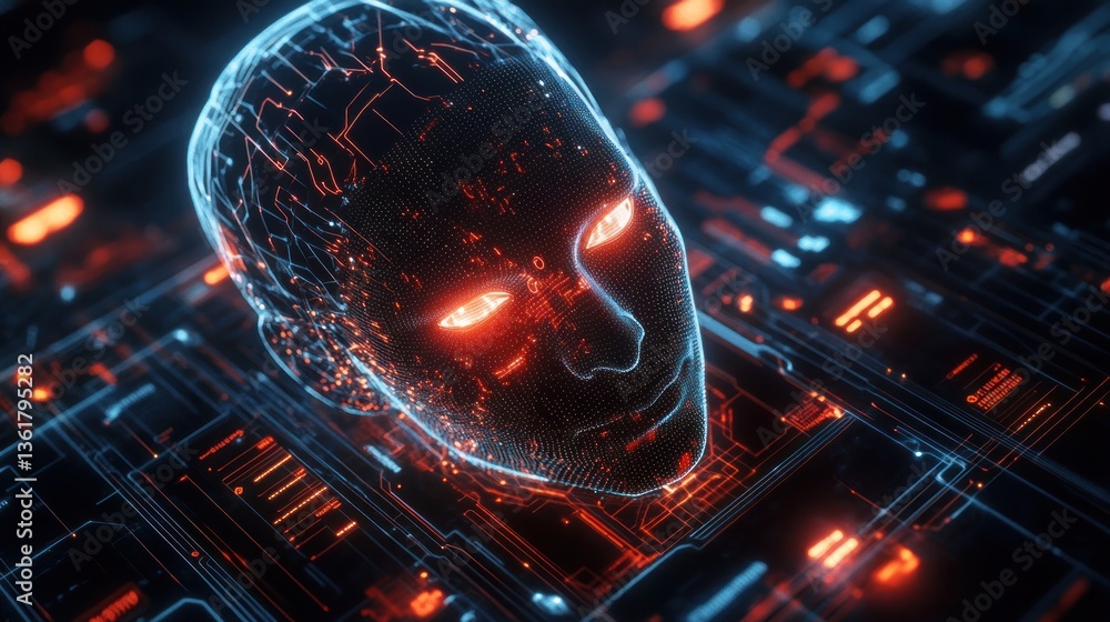 Poster futuristic artificial intelligence with a cybernetic face on a digital network