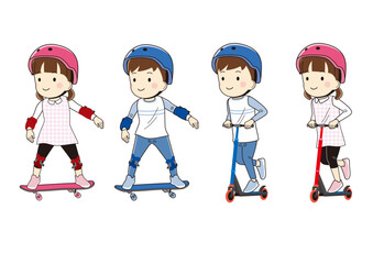 スケートボードとキックボードに乗った子供のイラスト