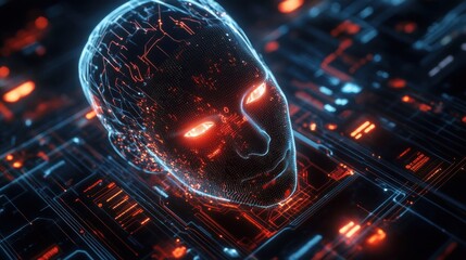 Fototapeta premium Futuristic artificial intelligence with a cybernetic face on a digital network