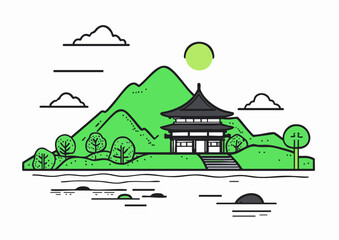 Naklejka premium Asian temple on green hill by serene lake, peaceful landscape concept, nature background