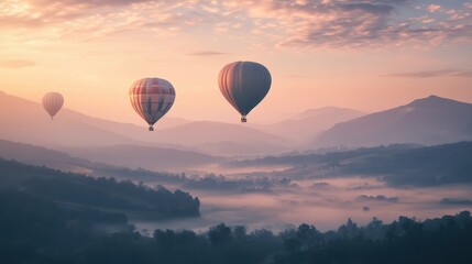 Fototapeta premium Drifting above misty mountain valleys with vibrant hot air balloons at sunrise, embodying serenity and adventure in the open sky