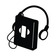 Vector silhouette of a classic walkman with headphones wrapped around it.