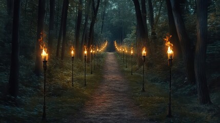 A forested pathway illuminated by multiple burning torches at night
