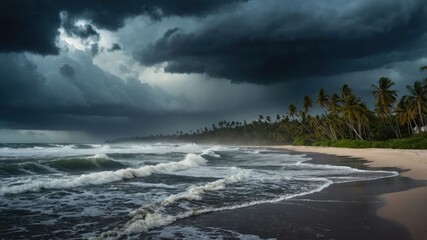 A dramatic seascape with dark clouds, waves crashing on a sandy beach, and palm trees in the background.