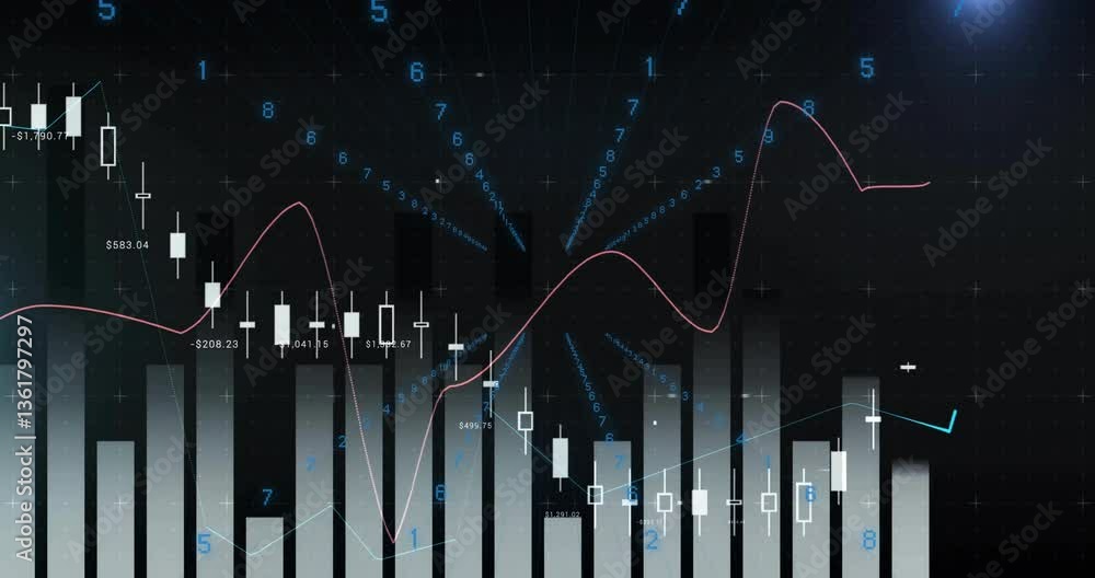Poster bar and line graphs with numerical data and digital animation overlay