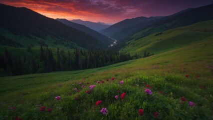 Obraz premium A serene landscape showcasing rolling hills, vibrant flowers, and a winding river under a colorful sunset.