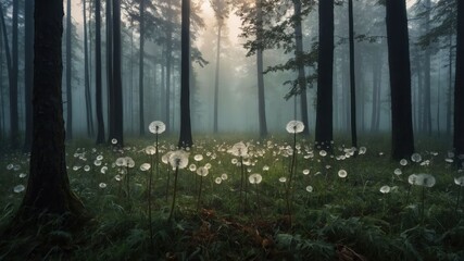 A serene forest scene filled with dandelions, enveloped in mist and soft light.