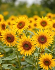 Fototapeta premium Vibrant yellow wild sunflowers in full bloom, blurred background, nature, meadow