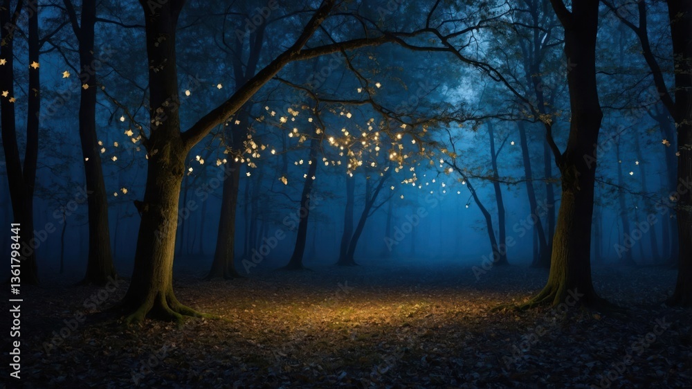 Poster A serene forest scene illuminated by soft lights, creating a magical and tranquil atmosphere.