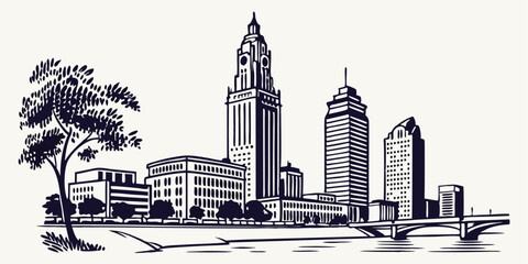 Obraz premium A minimalist one-line drawing of the Columbus skyline, featuring the LeVeque Tower and Scioto Mile in a modern, continuous-line style.
