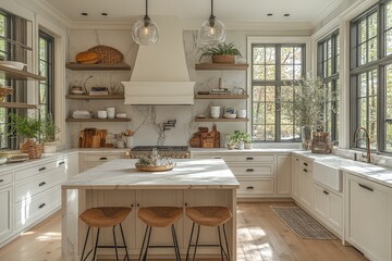 Modern Scandinavian kitchen with white cabinets, marble countertop, open shelving, plants, and a small dining table.