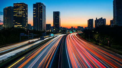 Obraz premium Long exposure of city highway at night with light trails and buildings in the background at dusk hour