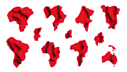 abstract red three-dimensional shapes representing various conti
