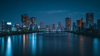 Naklejka premium Cityscape at night with river reflecting city lights under a dark blue sky and distant buildings