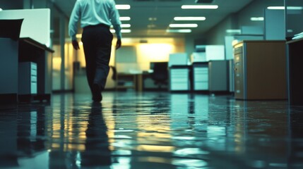 Obraz premium A figure walks through a reflective, illuminated office corridor, suggesting purpose against a backdrop of modern design.