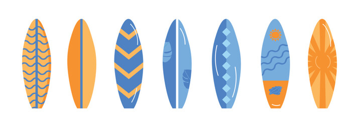 Summer surf board set. Collection board in retro color stile. Vector illustration 
