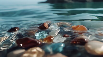 An array of stones beneath the clear water, each unique in shape and color, offering a pristine glimpse into nature's artistry.