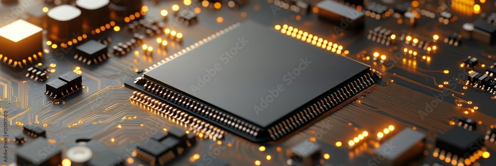 Aufkleber advanced ai chip technology futuristic close-up of a circuit board with golden illumination.