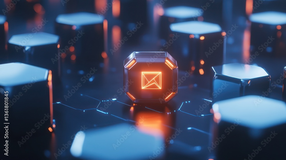 Poster futuristic email icon on a hexagonal grid