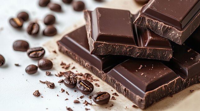 Stack of rich dark chocolate pieces with scattered coffee beans on light background for dessert and flavor concept