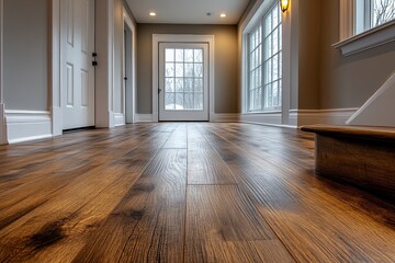  Vinyl flooring installation with wood grain details, white doors, grey walls, and warm, inviting tones.