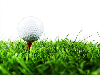 Fototapeta premium Golf ball resting on tee in lush green grass during daylight