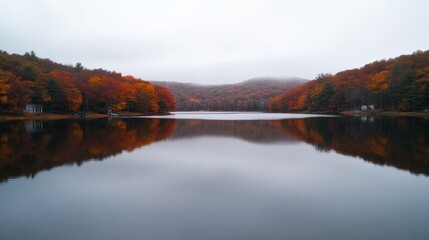 Naklejka premium A serene lake reflects vibrant autumn foliage under a misty sky, showcasing nature's vibrant palette and tranquil beauty.