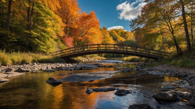A serene landscape featuring a wooden bridge over a tranquil stream surrounded by vibrant autumn foliage.