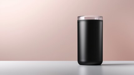 A sleek black container with a transparent lid sits on a light surface, showcasing minimalist design against a soft pink background, Eco-Friendly Packaging  cup.