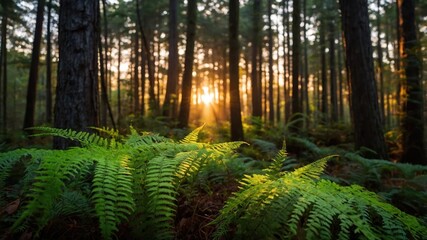 A serene forest scene with ferns in the foreground and sunlight filtering through tall trees.