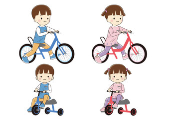 三輪車とキックバイクに乗った子供のイラスト