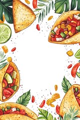 Fototapeta premium Watercolor frame with colorful tacos, vegetables, lime and leaves on white background with copy space in center