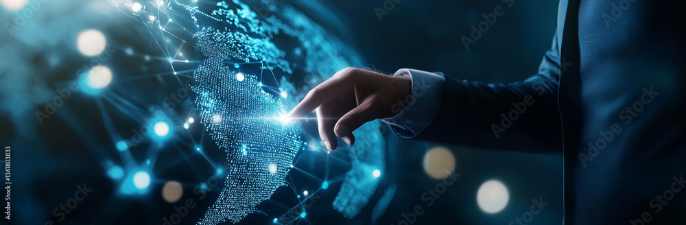 Poster businessman touching a digital icon of a global network and connectivity, with a world map displayin