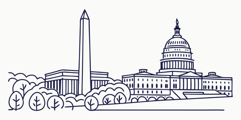  A minimalist one-line drawing of the Washington D.C. skyline, elegantly depicting the U.S. Capitol and Washington Monument in a continuous-line style.