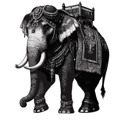 Indian war elephant, monochrome, cultural illustration, on white background