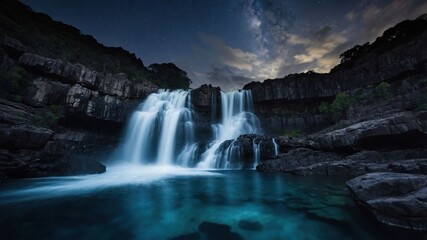 Fototapeta premium A serene waterfall cascading into a tranquil pool under a starry night sky.